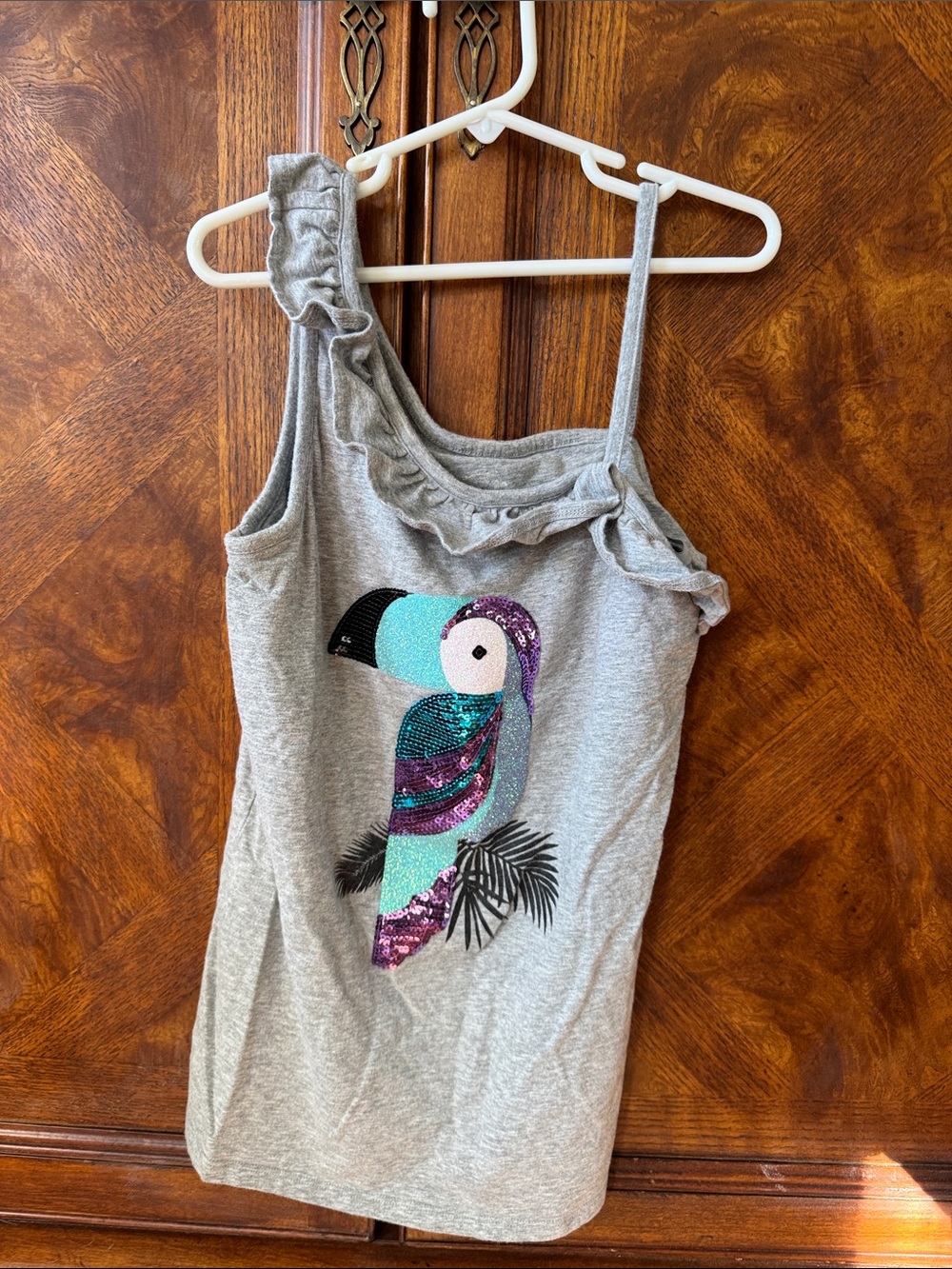 Justice Grey Tank Top with Teal and Purple Sequin Toucan size 14